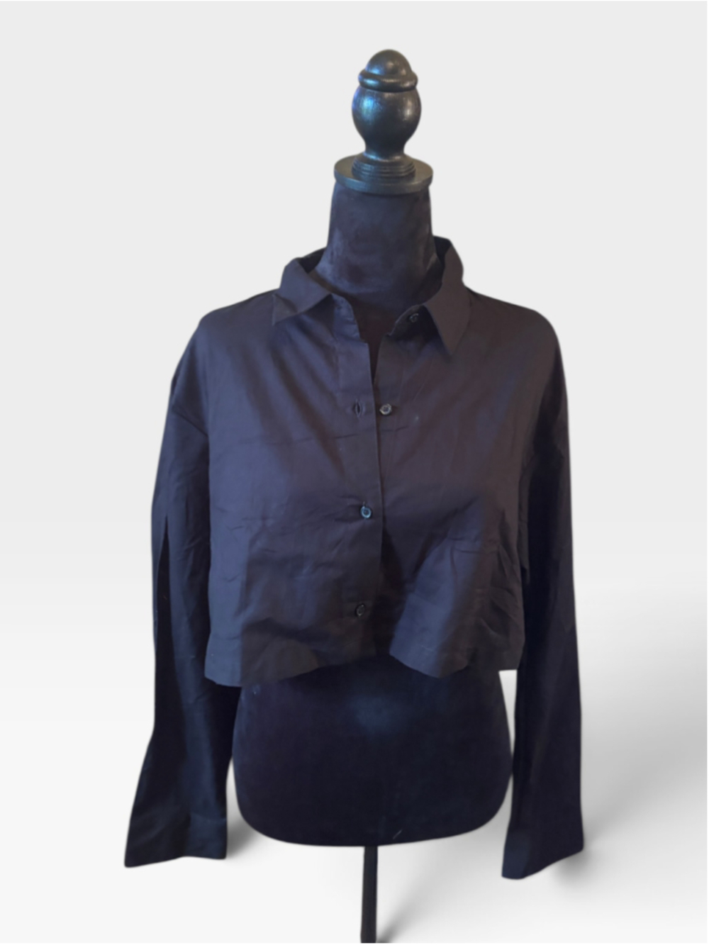 Divided Button Up Crop Long Sleeve Black Top - Size M